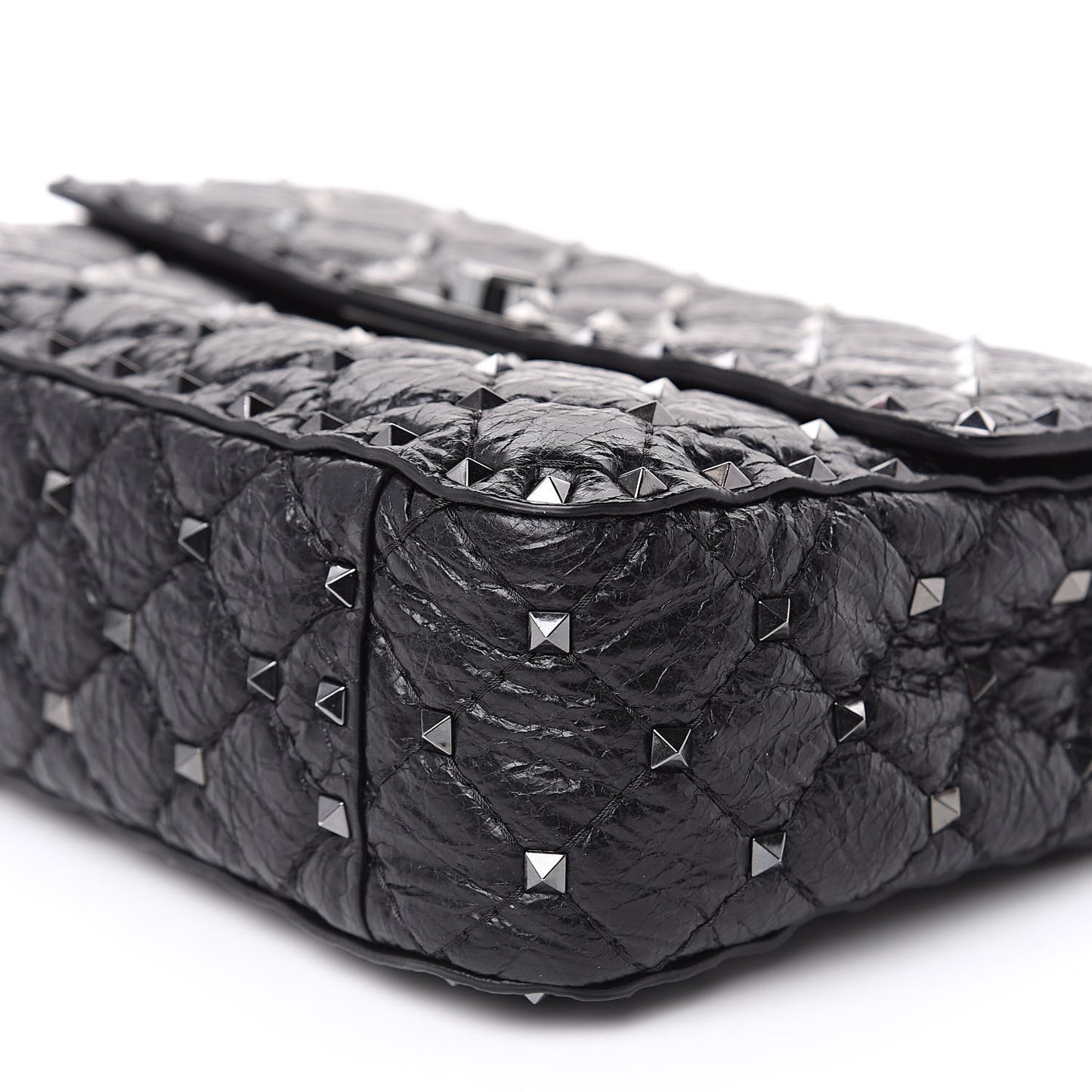 Craquele Nappa Medium Rockstud Spike Shoulder Bag Black