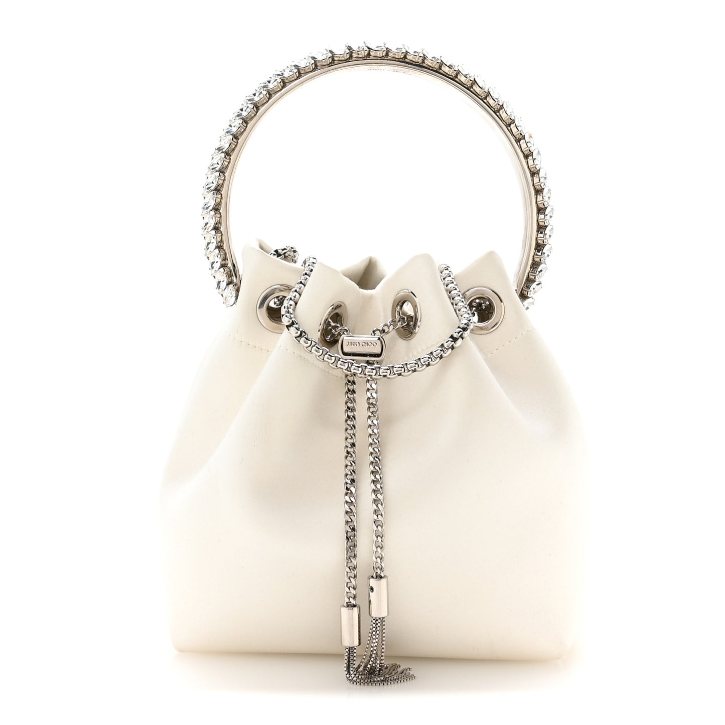 Satin Crystal Embellished Bon Bon Bucket Bag White
