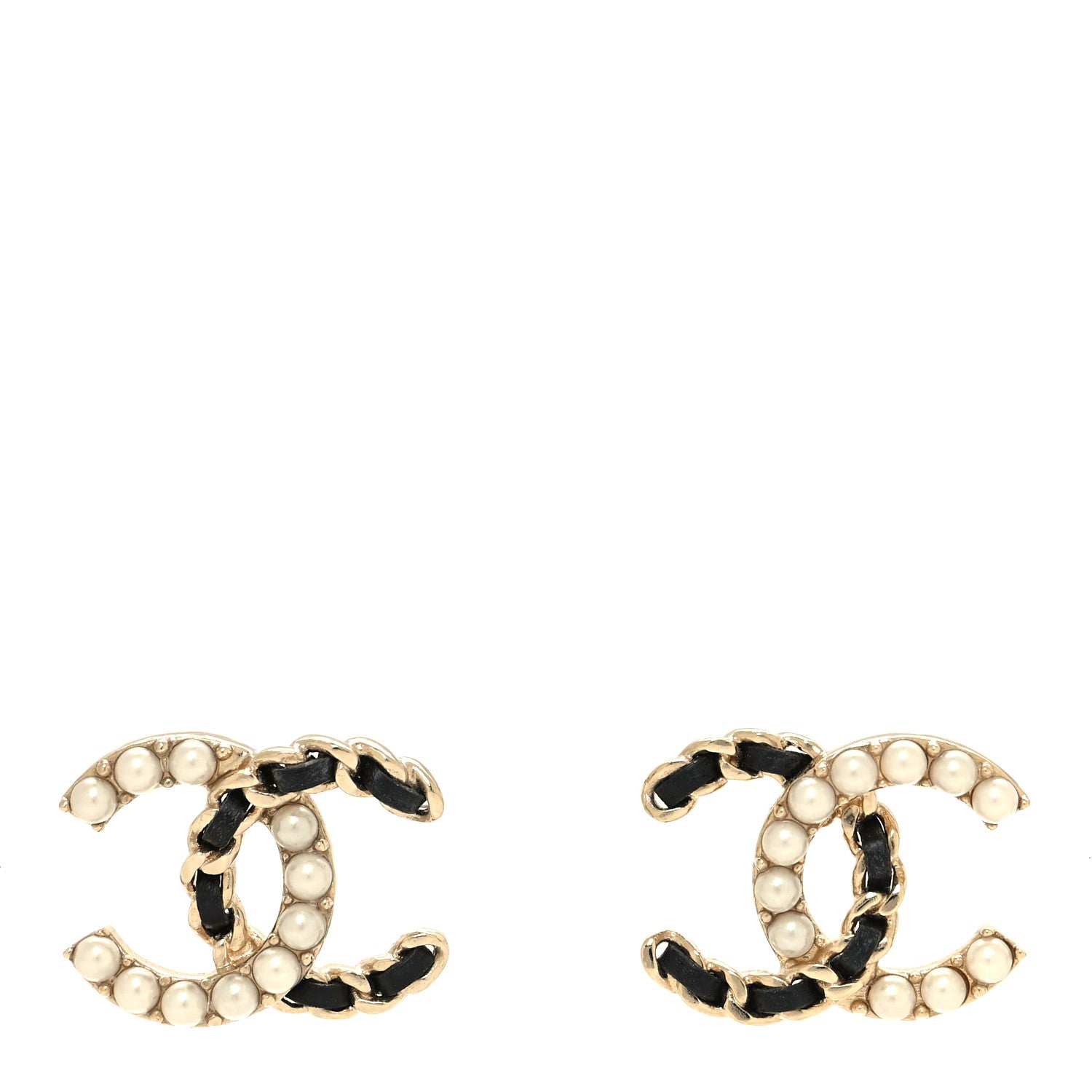 Chanel Pearl Lambskin Chain CC Stud Earrings Gold Black 1 of 4