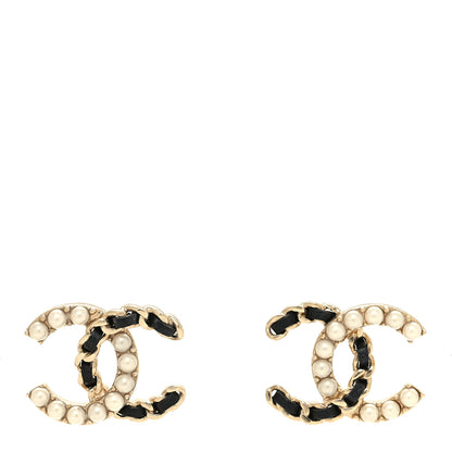 Chanel Pearl Lambskin Chain CC Stud Earrings Gold Black 1 of 4