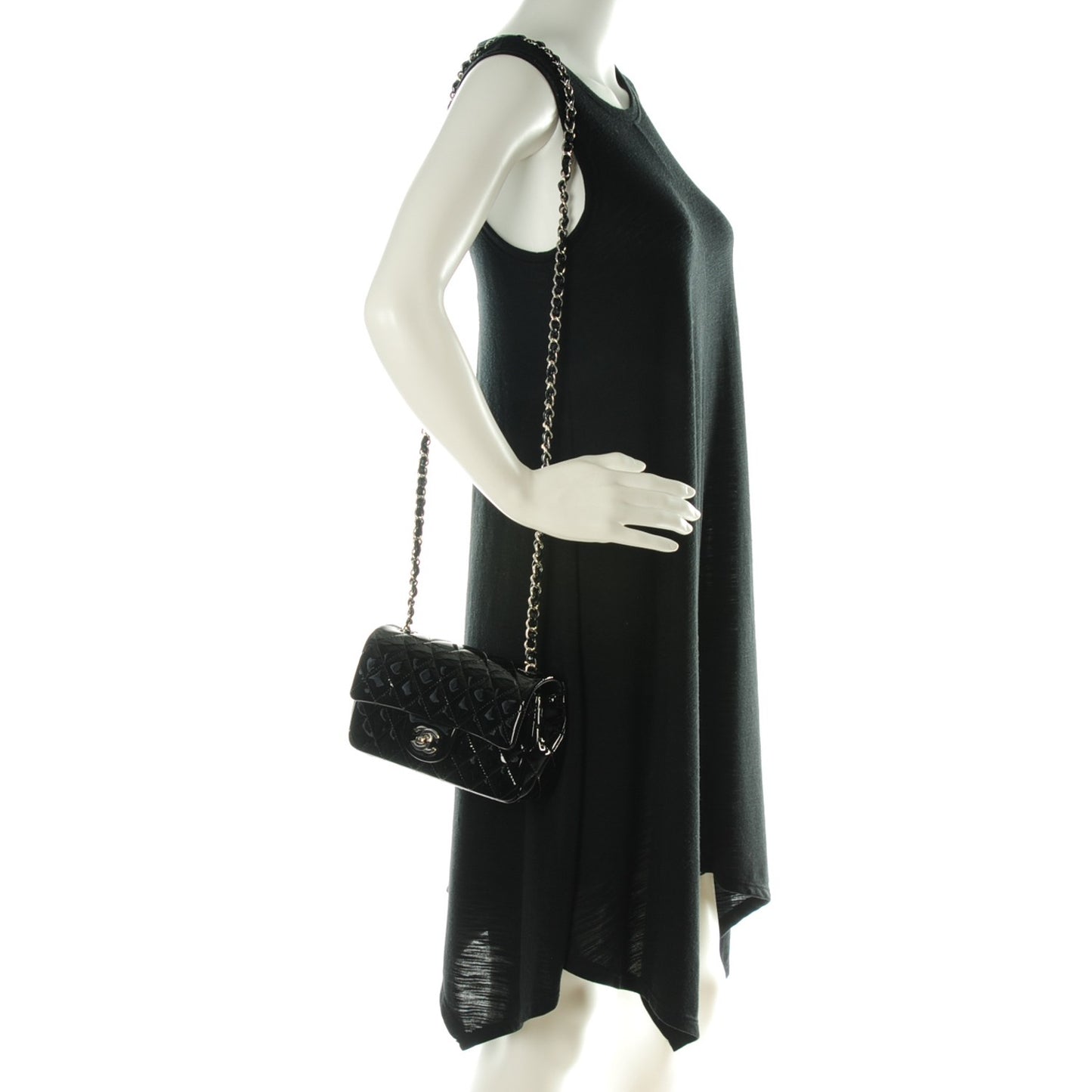 Patent Calfskin Quilted Mini Rectangular Flap Black