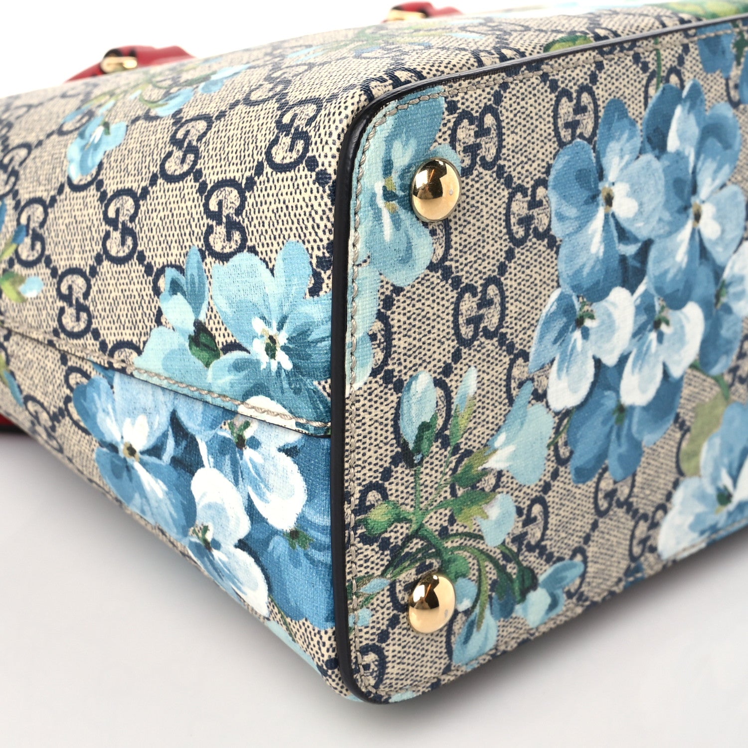 Gucci GG Supreme Monogram Blooms Small Zip Top Tote Beige Blue Navy Hibiscus Red 8 of 10