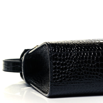 Saint Laurent Shiny Calfskin Crocodile Embossed Manhattan Baguette Black 9 of 10