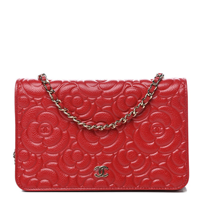 Chanel Caviar Camellia Embossed Wallet On Chain WOC Red 1 of 11