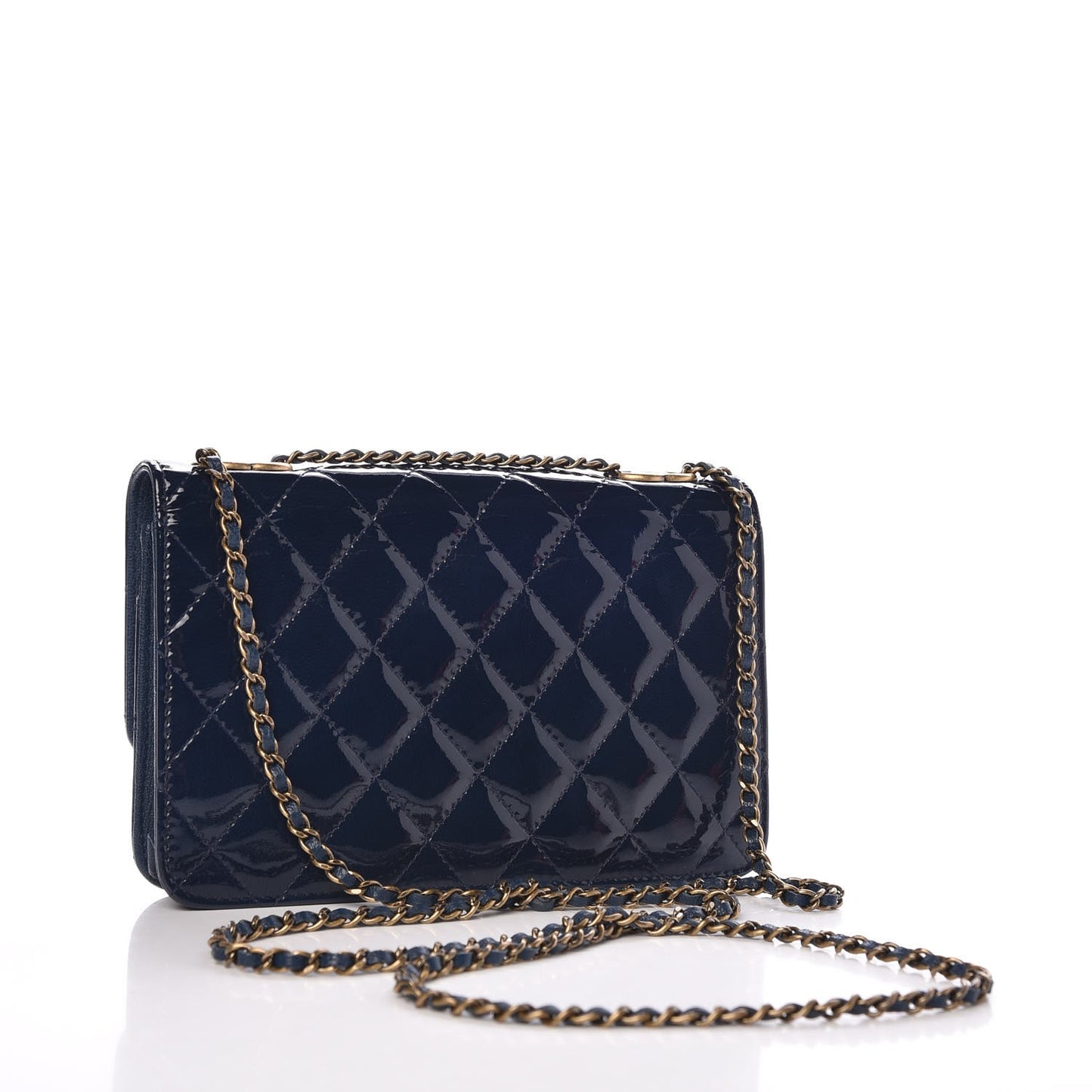 Patent Goatskin Quilted CC Eyelet Wallet On Chain WOC Blue