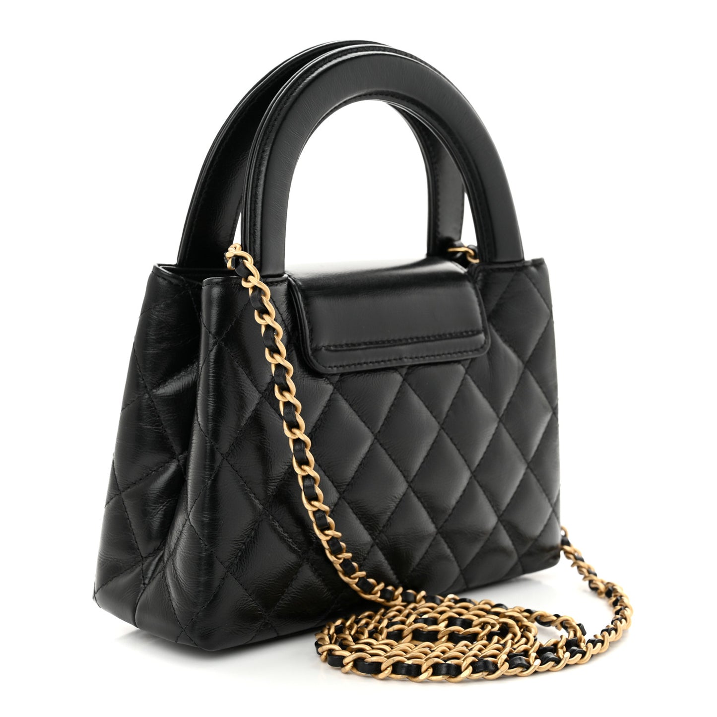 Shiny Aged Calfskin Quilted Nano Kelly Shopper Black