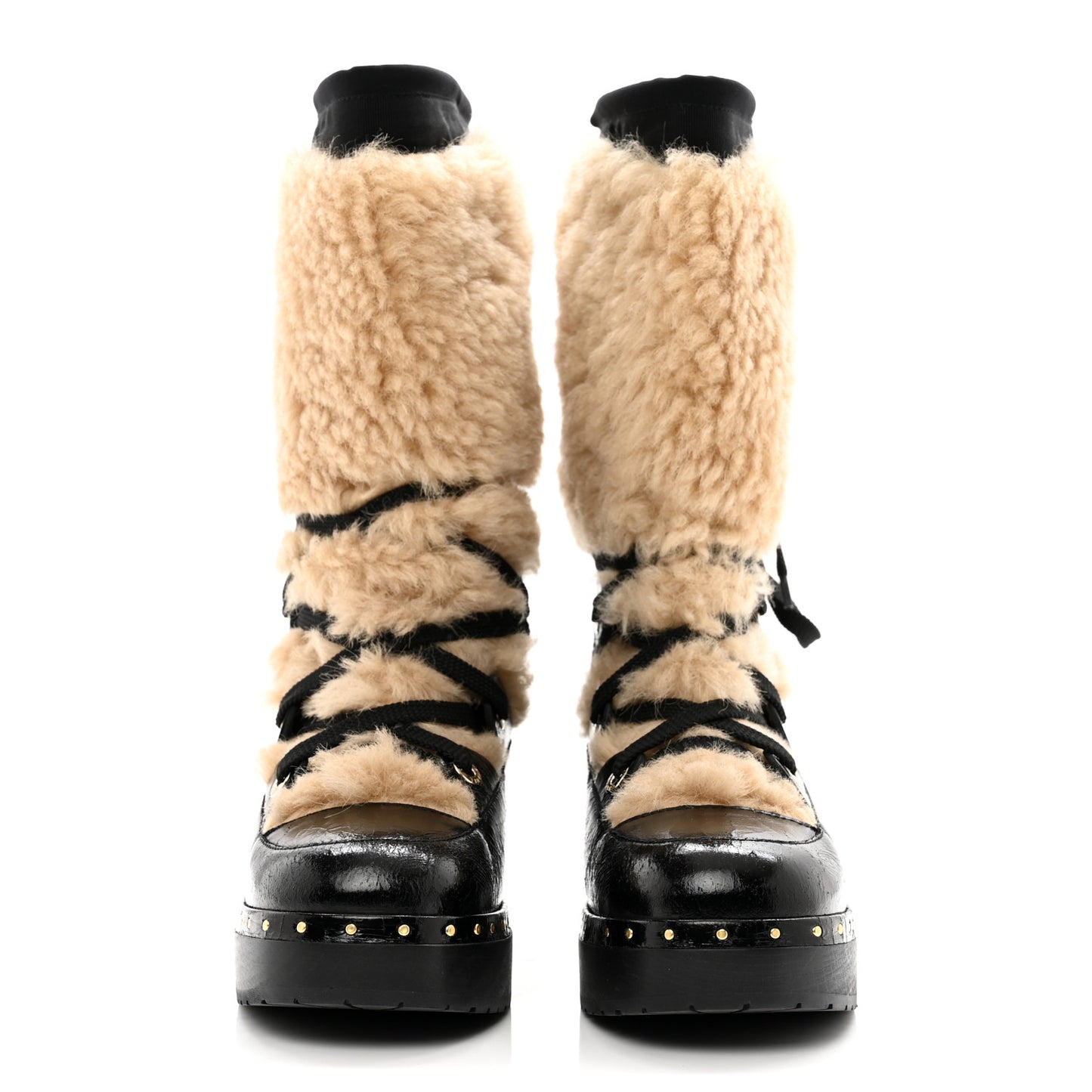Shearling Crackled Sheepskin Chain Studded CC High Boot 36 White Black