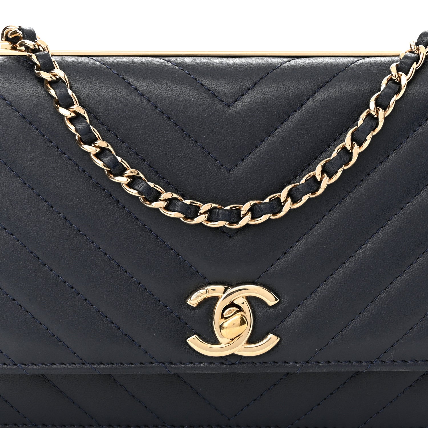 Chanel Lambskin Chevron Quilted Trendy CC Wallet On Chain WOC Dark Blue 9 of 13