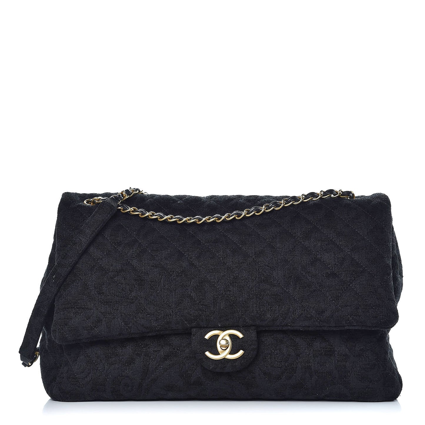 Velvet Camellia Stamped XXL Travel Flap Bag Black