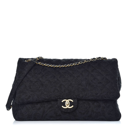Chanel Velvet Camellia Stamped XXL Travel Flap Bag Black 1 of 8