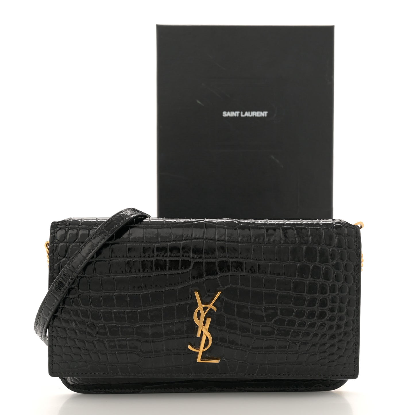 Crocodile Embossed Monogram Phone Holder Crossbody Black