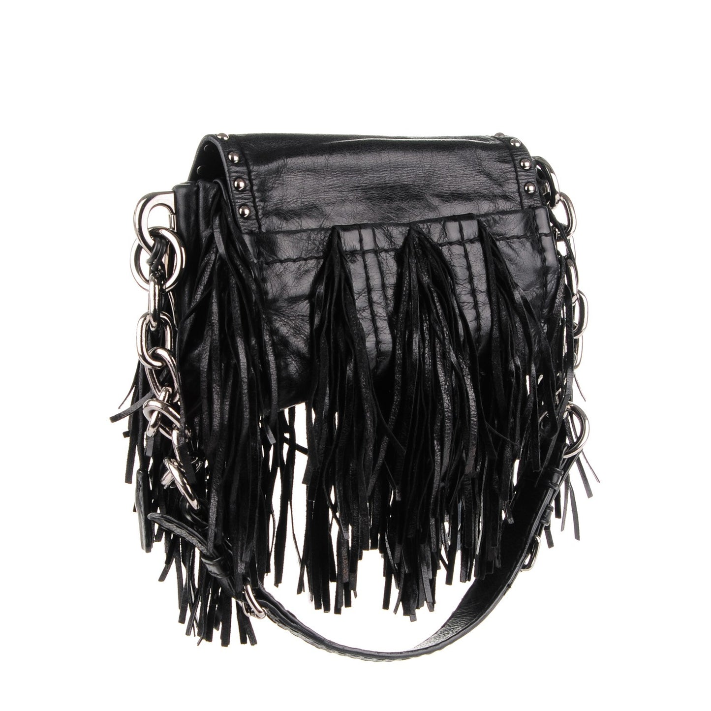 Glace Calf Fringe Studded Flap Hobo Nero Black
