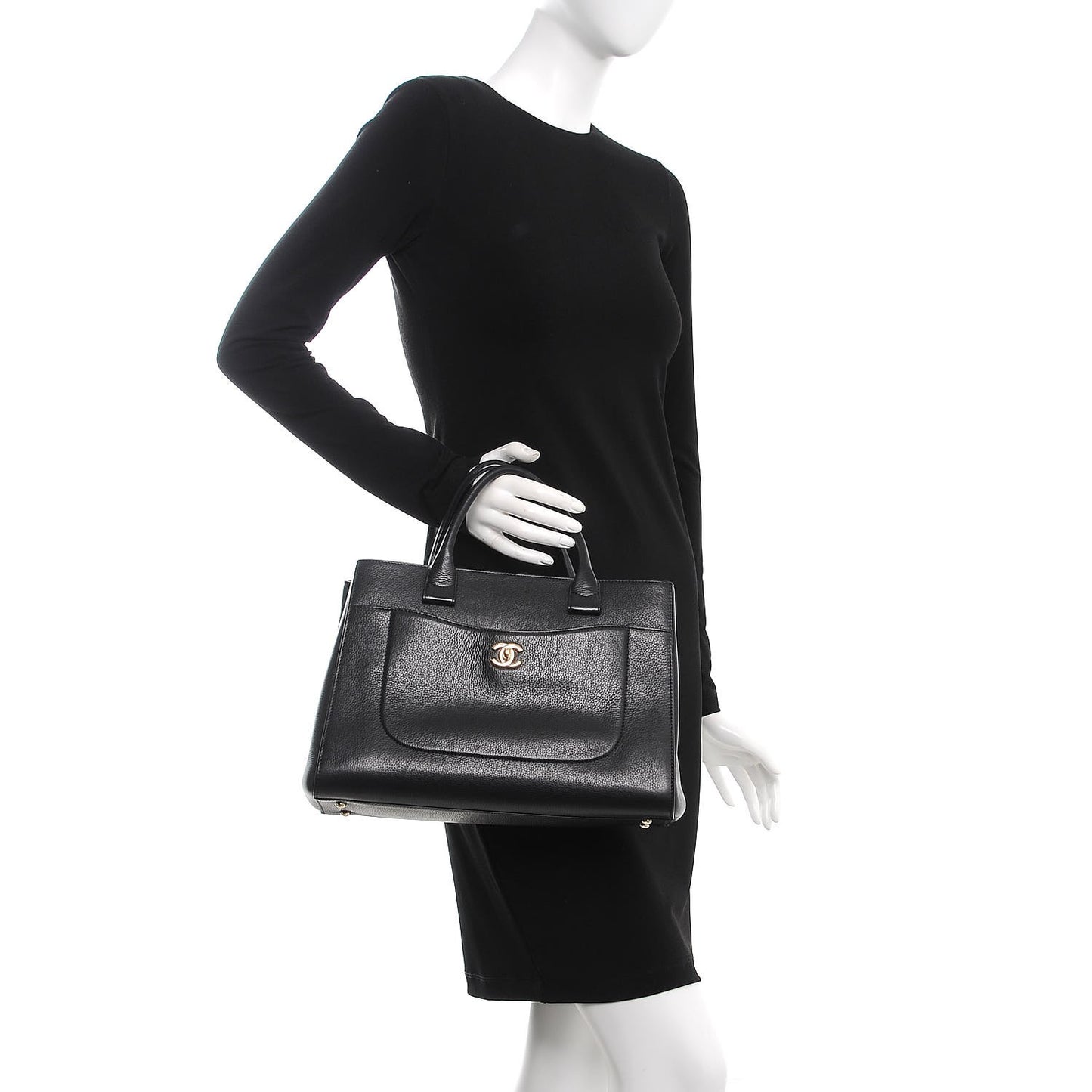 Grained Calfskin Medium Neo Executive Shopper Tote Black