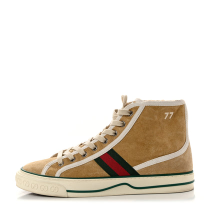 Gucci Suede Shearling Web GG Monogram Embossed Womens 1977 Tennis High Top Sneakers 39 Butterscotch Mystic White 1 of 8