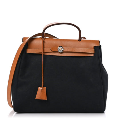 Hermes Toile Vache Calfskin Herbag 30 PM Black Natural 1 of 23