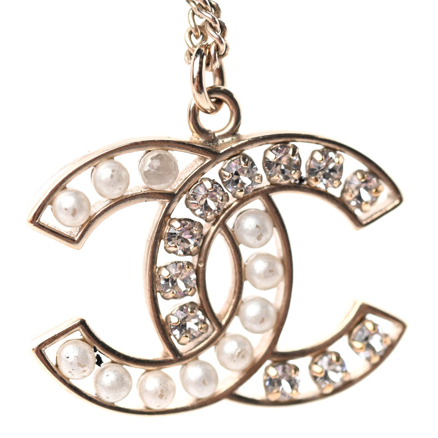 Pearl Crystal CC Pendant Necklace Gold