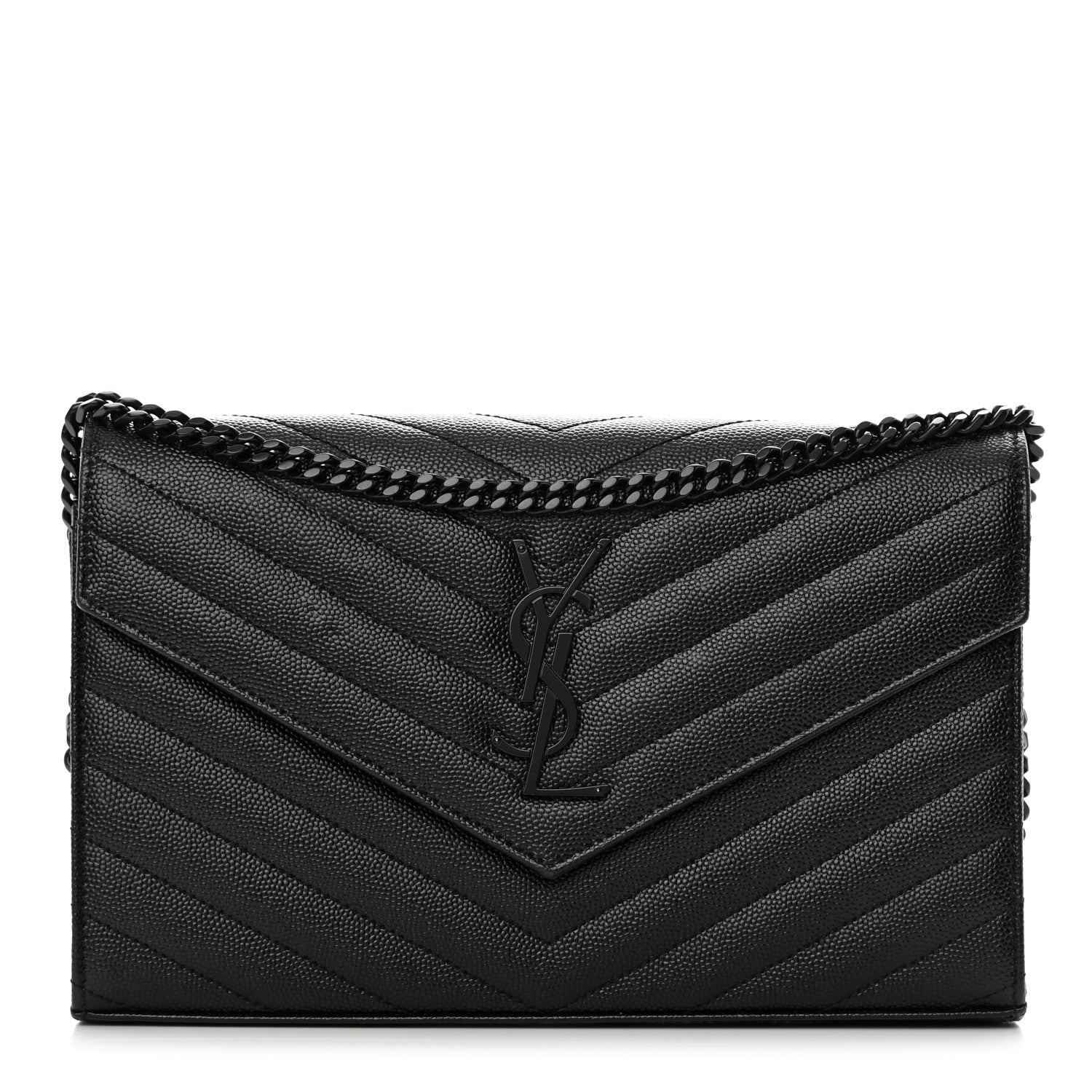 Saint Laurent Grain De Poudre Matelasse Chevron Monogram Monochrome Chain Wallet Black 1 of 13