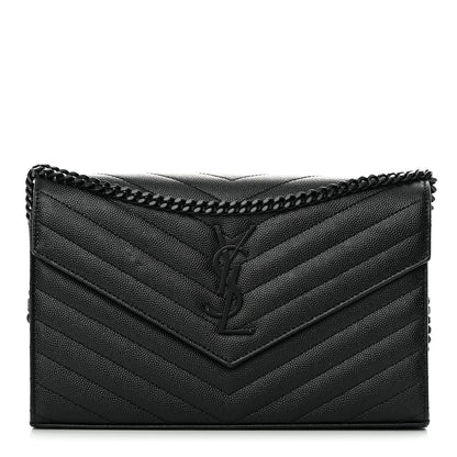 Saint Laurent Grain De Poudre Matelasse Chevron Monogram Monochrome Chain Wallet Black 1 of 13