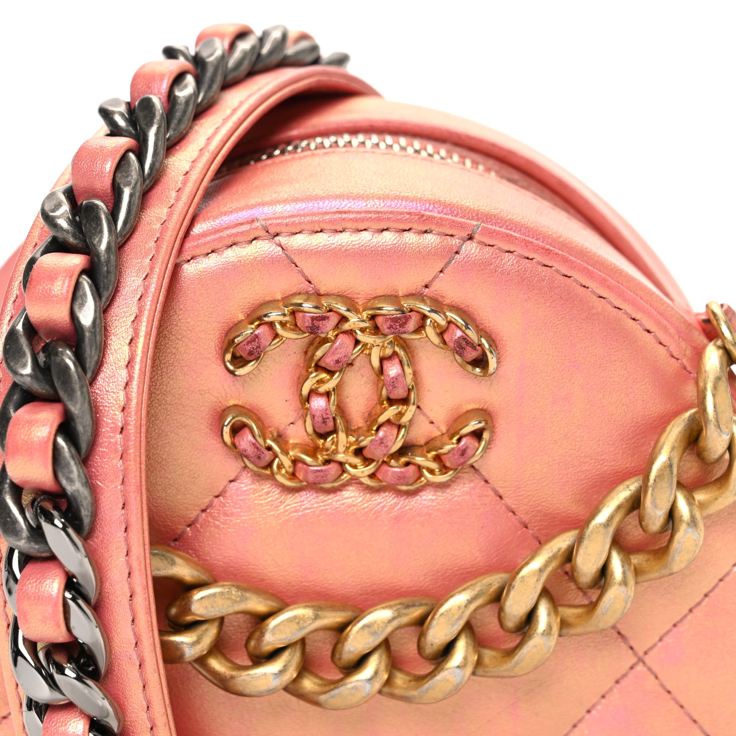 Chanel Iridescent Calfskin Quilted Chanel 19 Round Clutch With Chain Pink 8 of 11