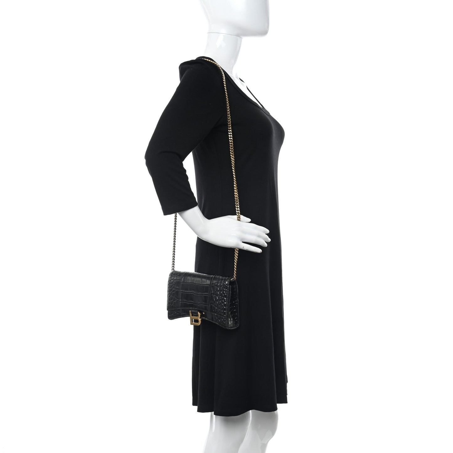 Shiny Calfskin Crocodile Embossed Hourglass Chain Bag Black