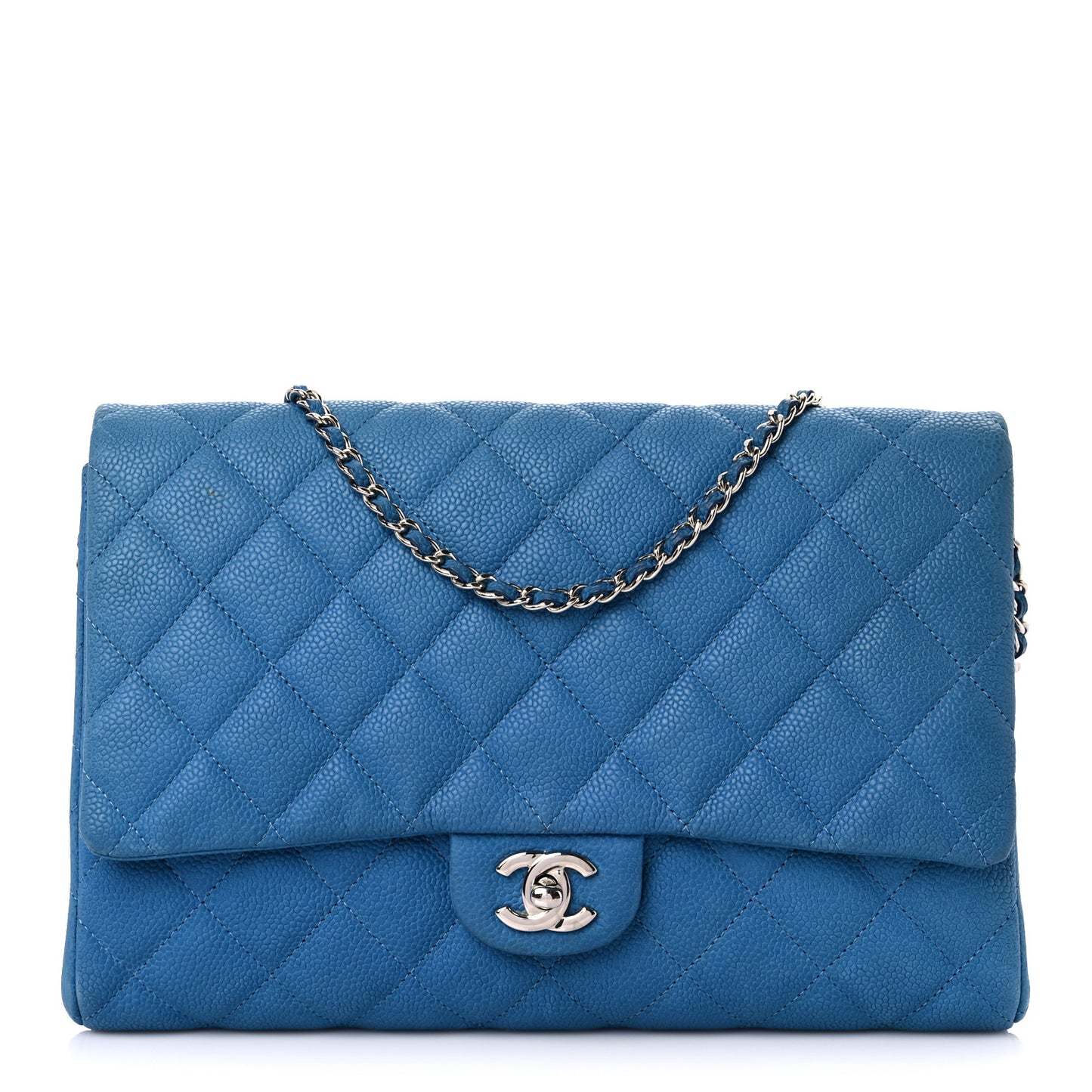 Iridescent Caviar Quilted Clutch With Chain Flap Blue