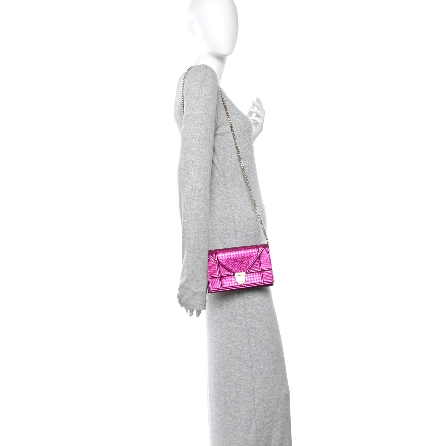 Christian Dior Metallic Patent Micro-Cannage Diorama Wallet on Chain Pouch Pink 2 of 12