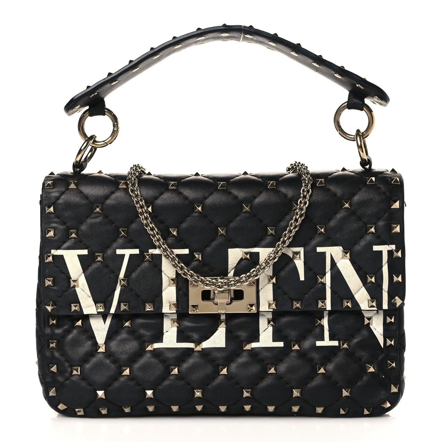Lambskin VLTN Print Medium Rockstud Spike Shoulder Bag Black