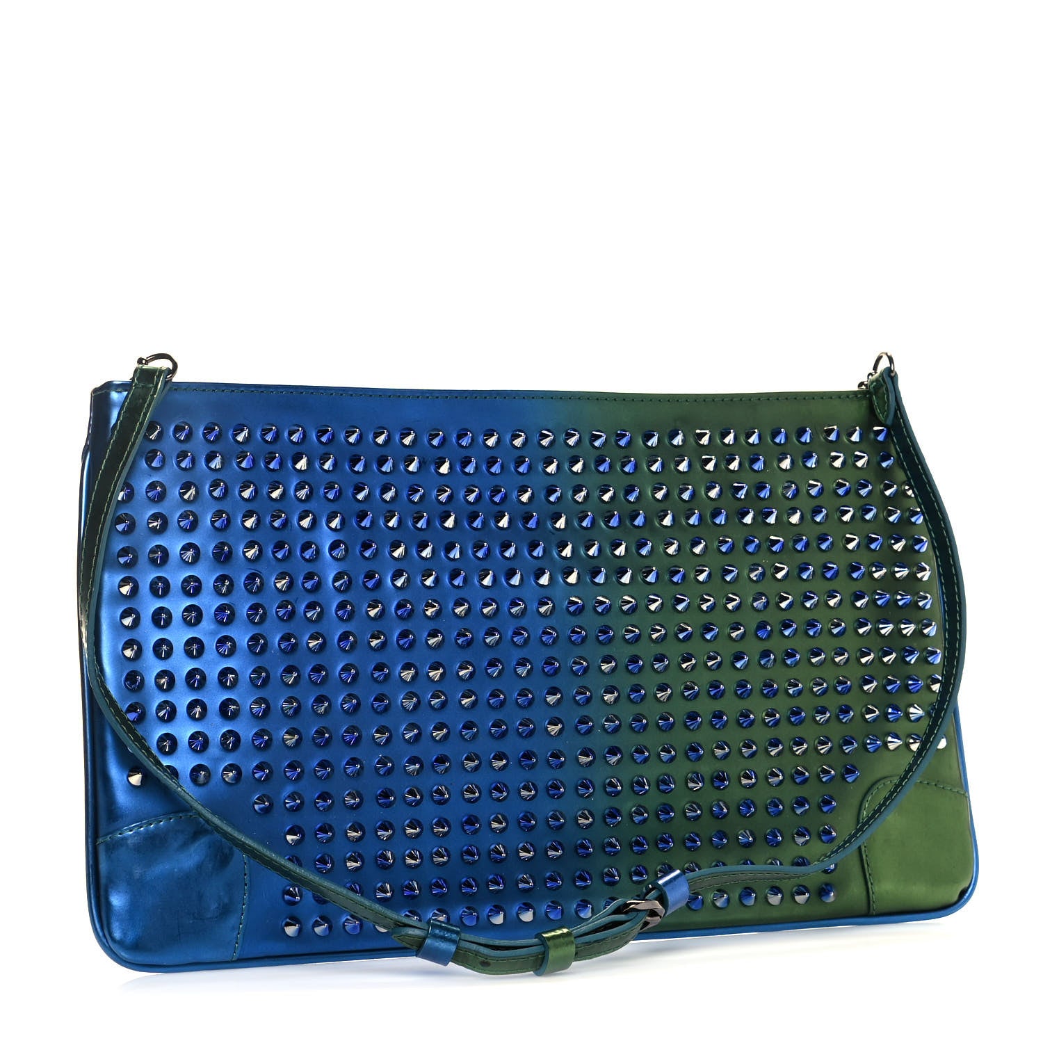 Christian Louboutin Patent Scarabe Loubiposh Spikes Chain Clutch Ocean Amazon 3 of 13