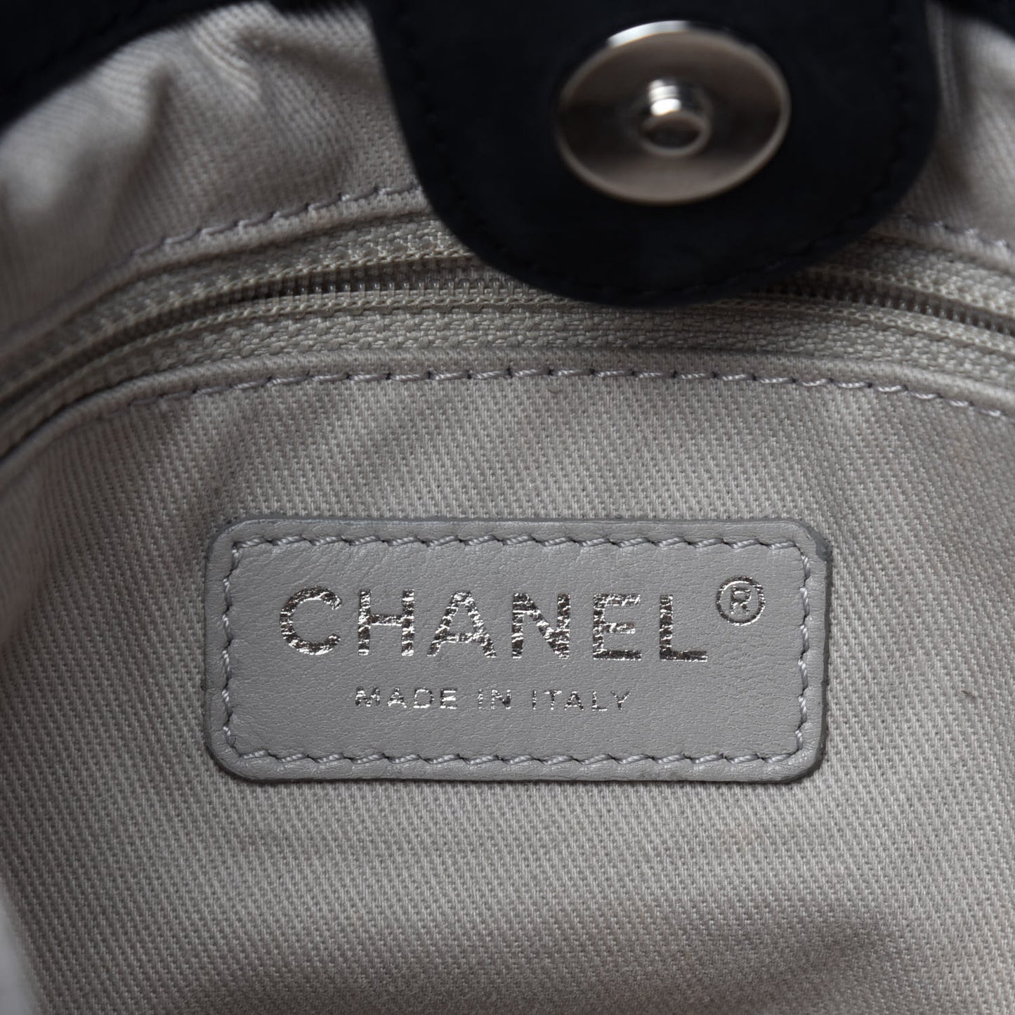 Iridescent Calfskin Stitched CC Shopping Tote Black