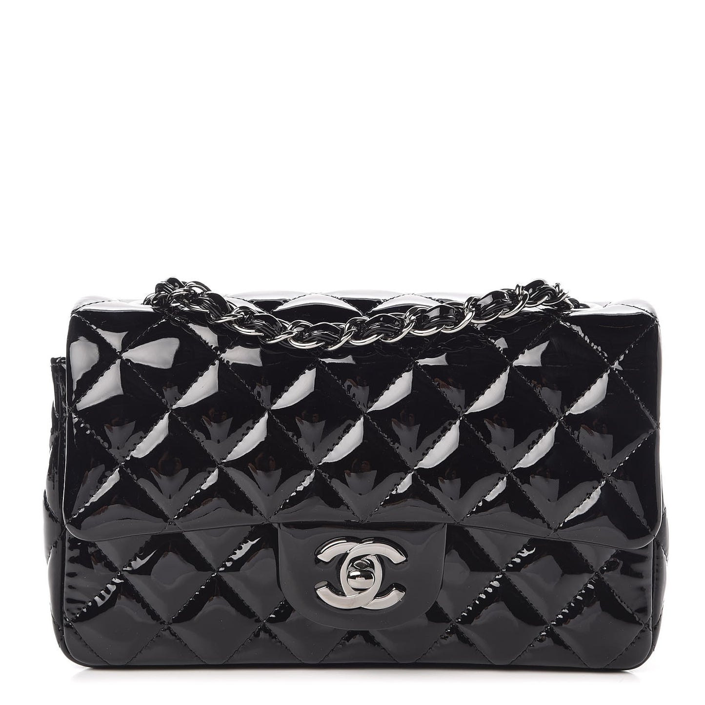 Patent Calfskin Quilted Mini Rectangular Flap Black