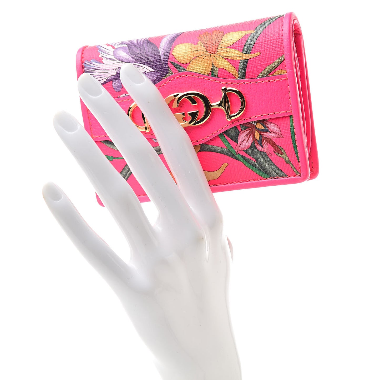 Calfskin Flora Print Zumi Card Case Fuxia Fluo