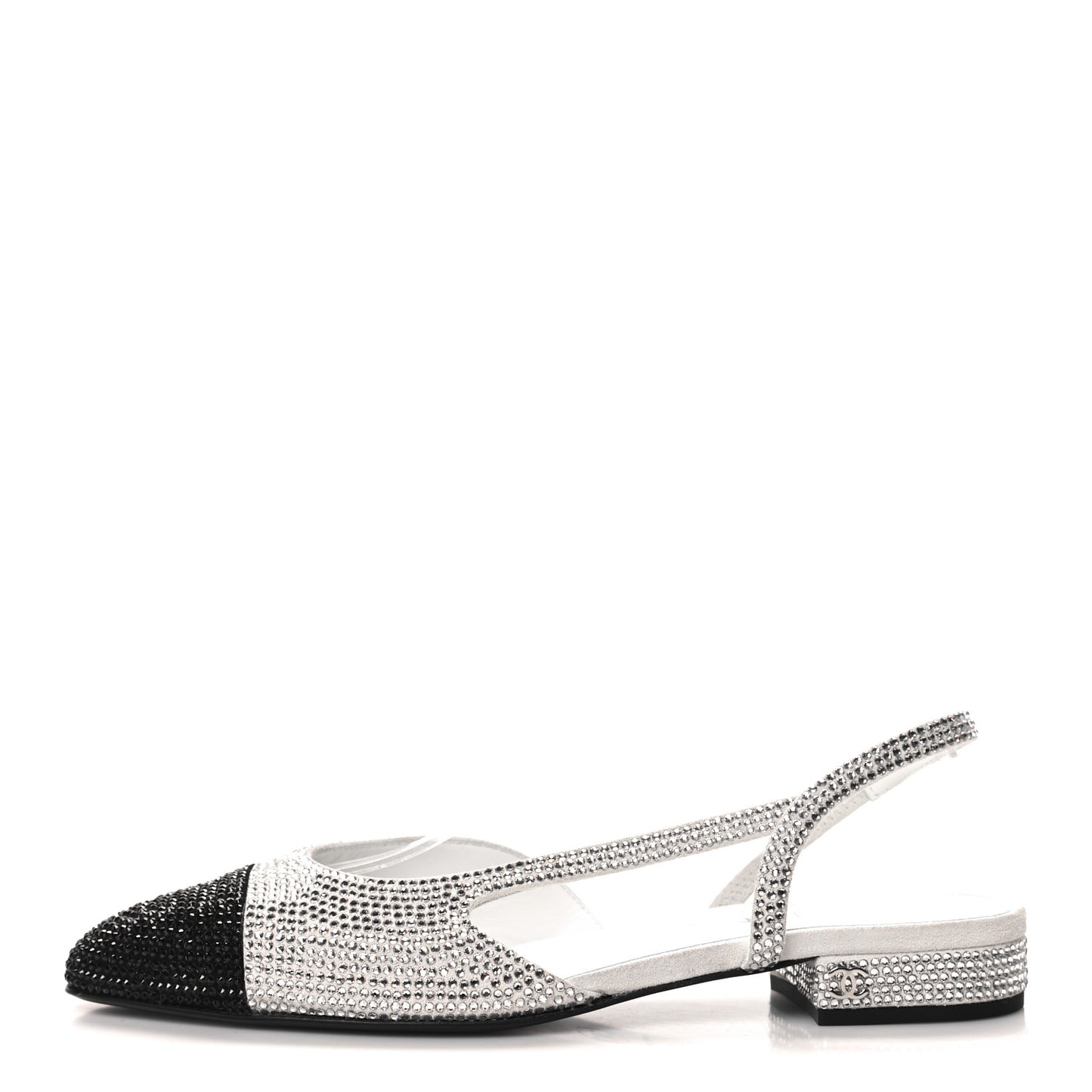 Strass Grosgrain Cap Toe CC Slingback Flats 38 Silver Black