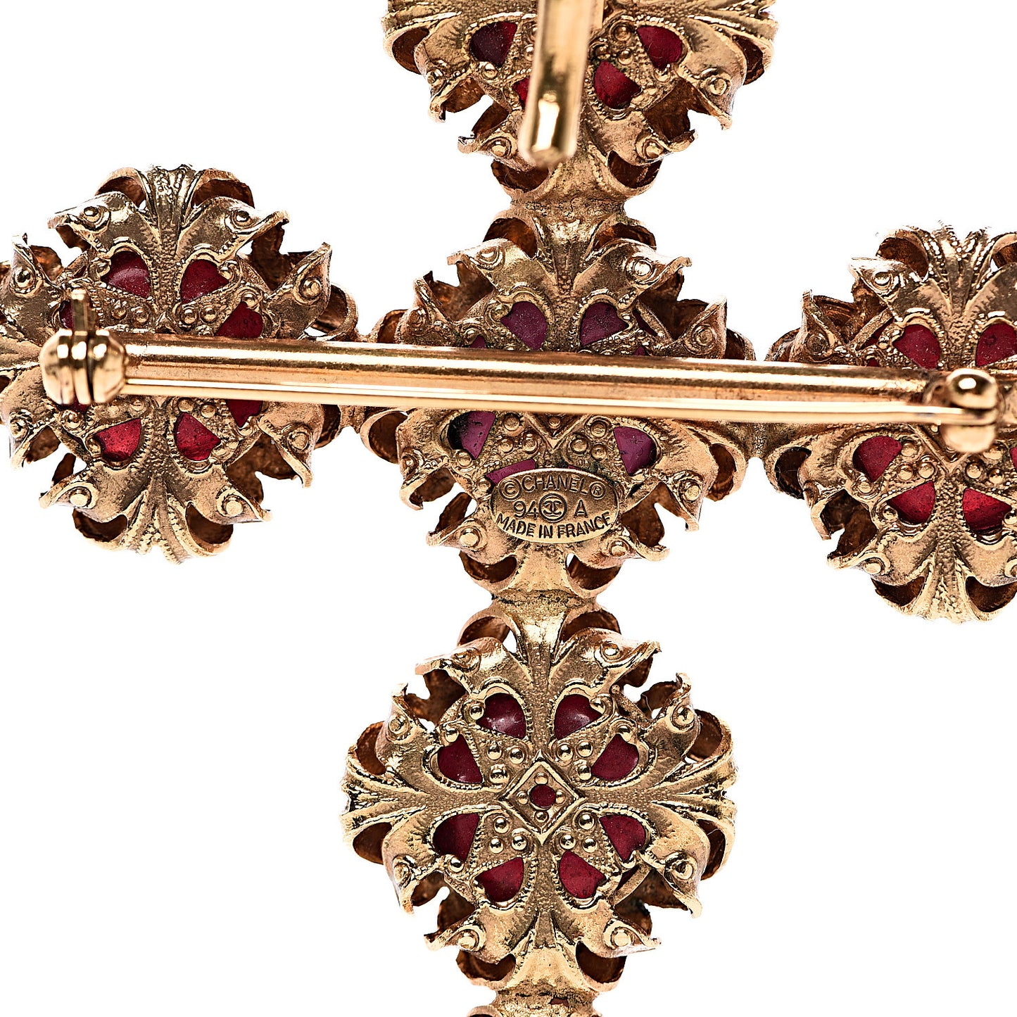 Gripoix Crystal Cross Brooch Burgundy Gold