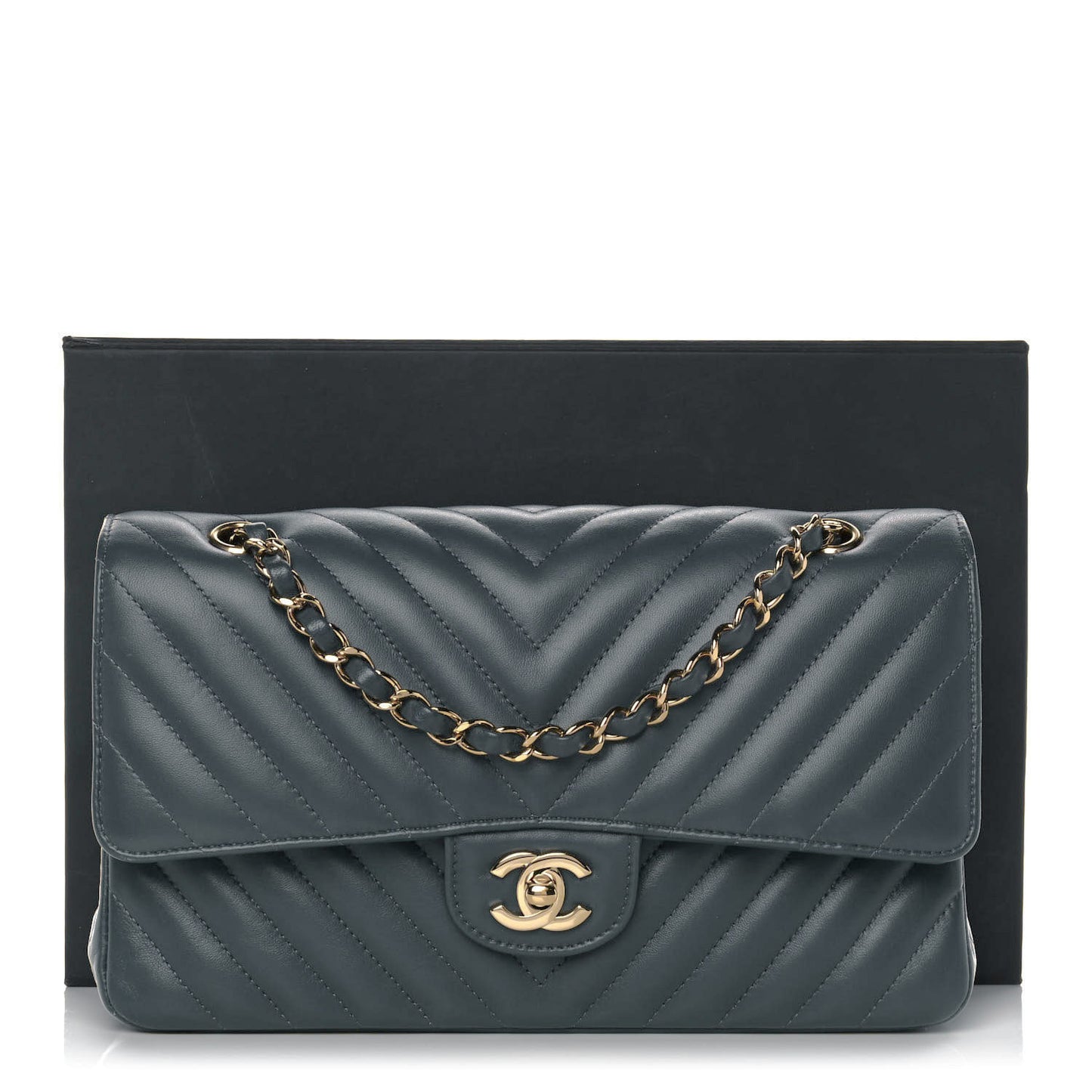 Lambskin Chevron Quilted Medium Double Flap Dark Grey