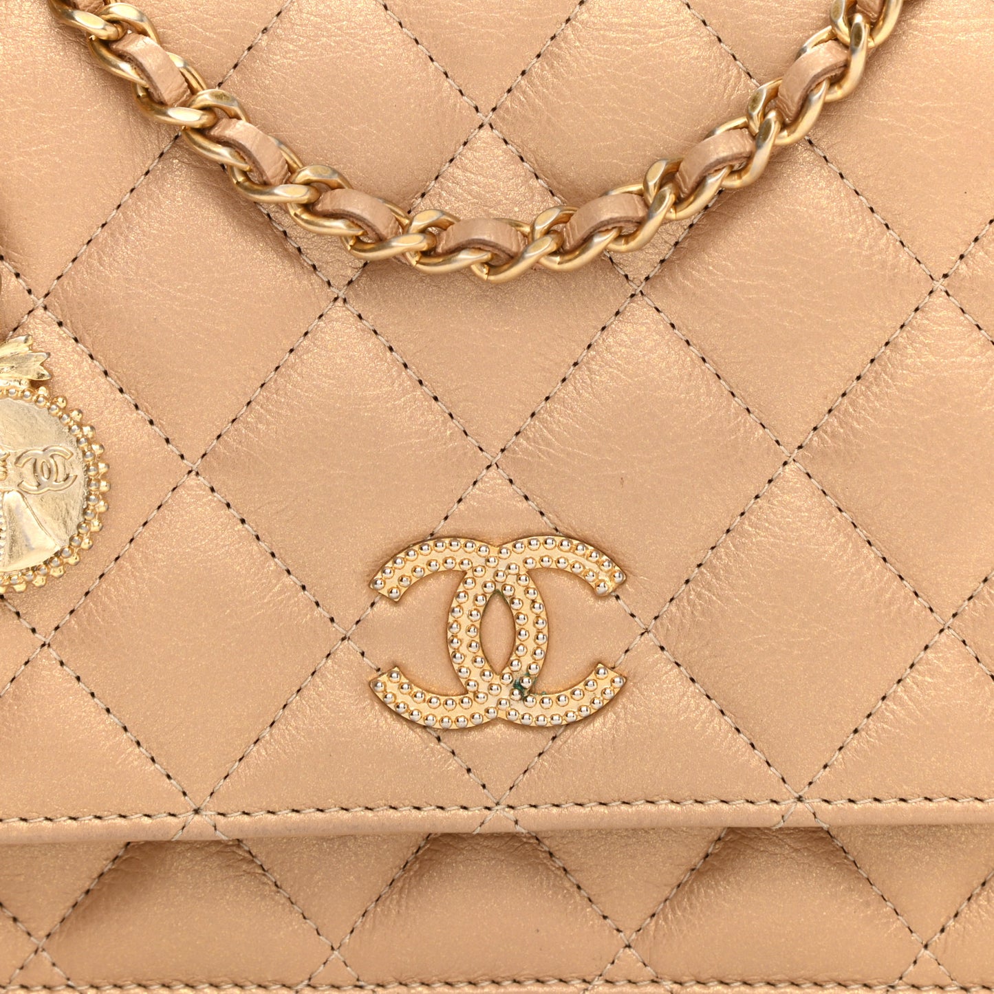 Iridescent Calfskin Quilted Wallet on Chain WOC Gold