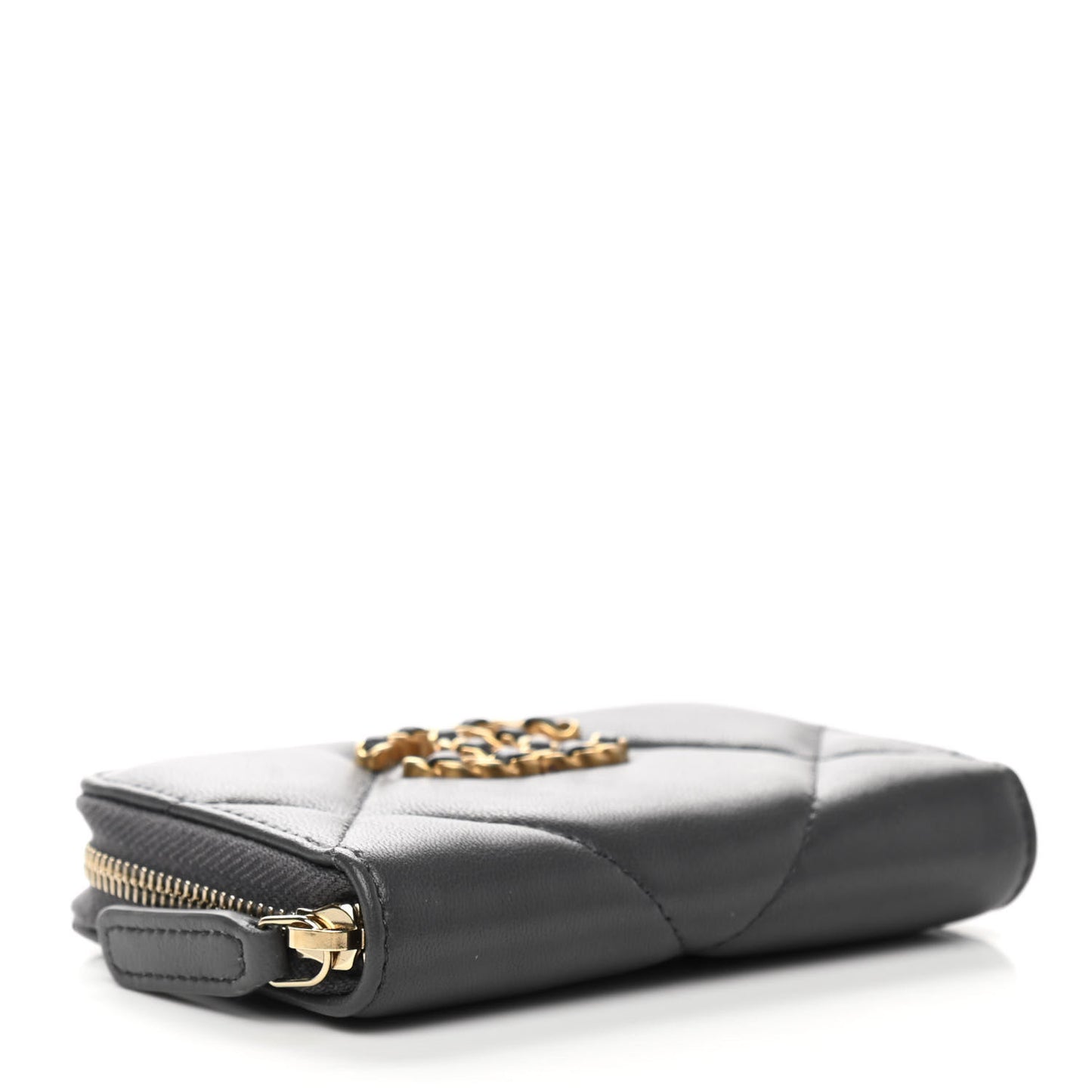 Lambskin Quilted Chanel 19 Zip Around Coin Purse Wallet Dark Grey