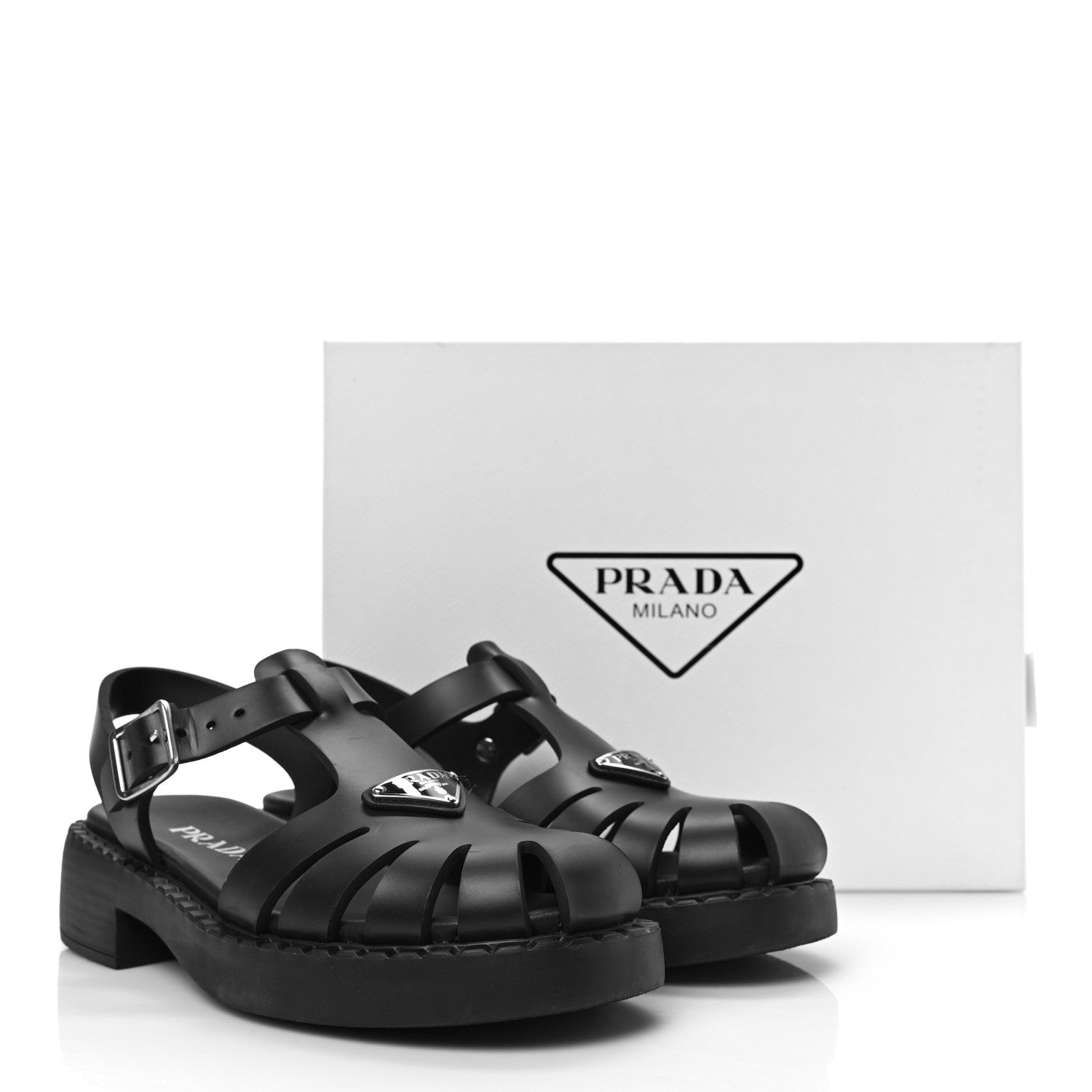 Prada Foam Rubber Metal Triangle Logo 50mm Cage Sandals 39 Black 9 of 9