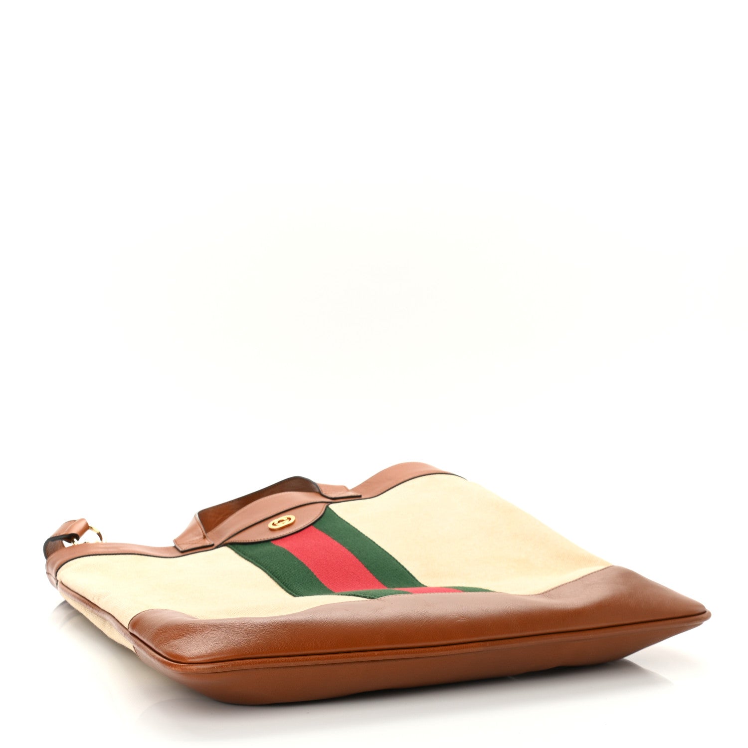 Gucci Vintage Canvas Calfskin Web Flat Tote Sand Light Cuir 4 of 13