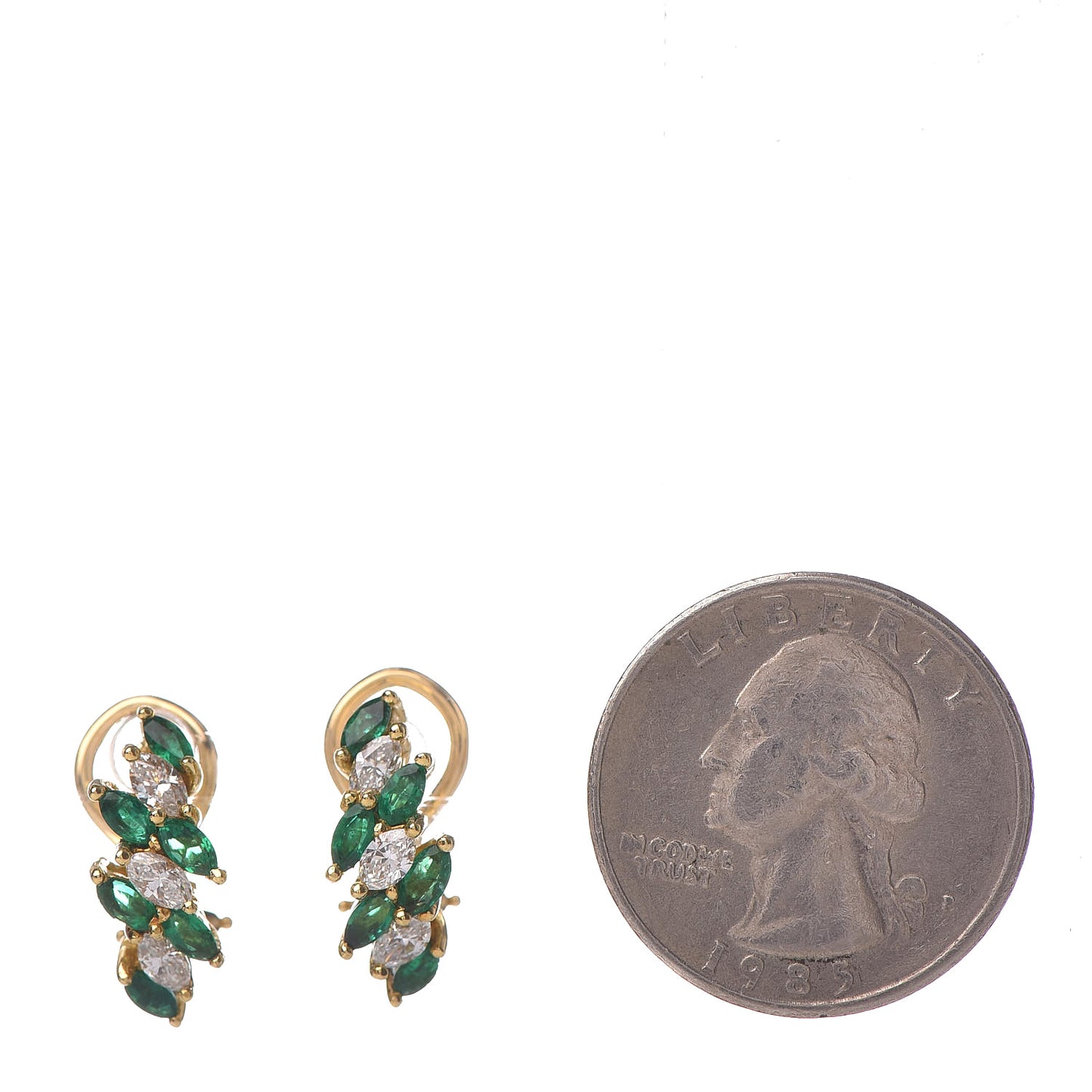 18K Yellow Gold Diamond Emerald Marquise French Clip Earrings
