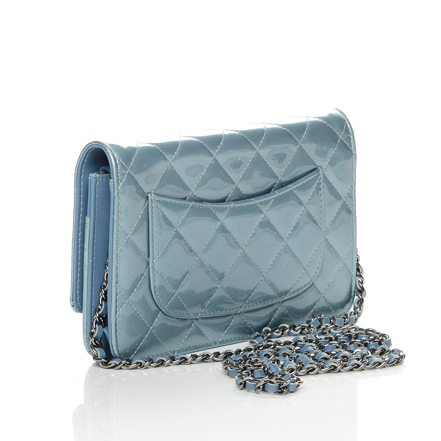 Chanel Patent Quilted Wallet On Chain WOC Blue 3 of 8