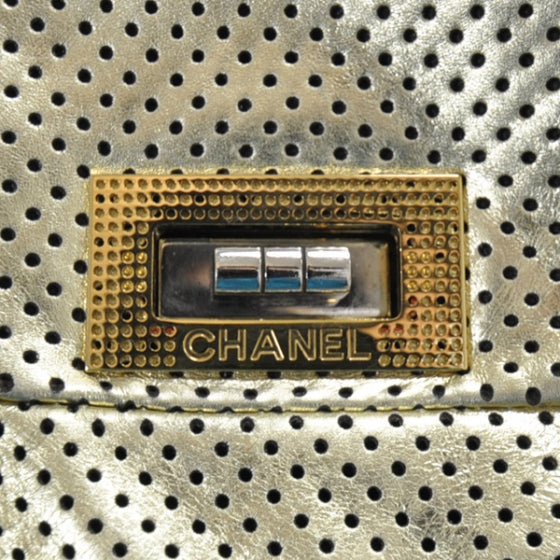 Metallic Crackled Calfskin Perforated Drill Shoulder Bag Gold