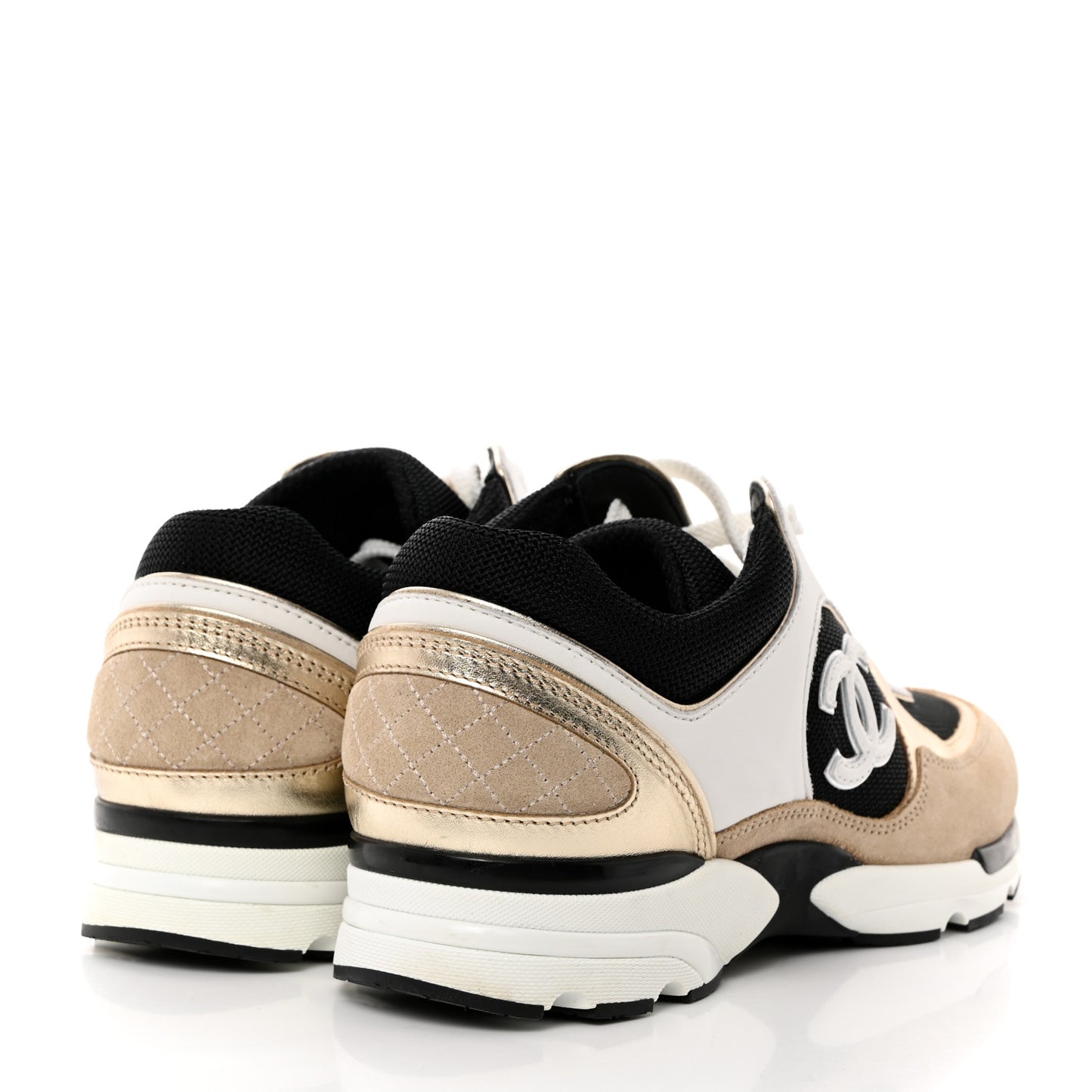 Mesh Suede Calfskin Womens CC Sneakers 39 White Black Beige Gold