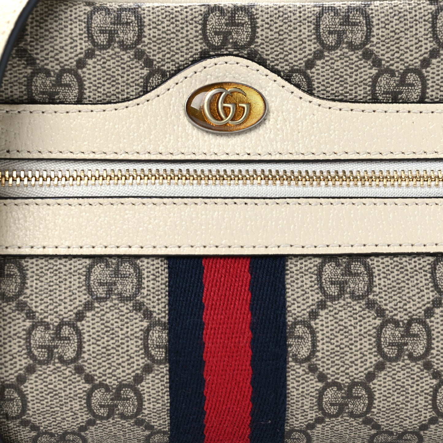 GG Supreme Monogram Textured Calfskin Web Mini Ophidia Shoulder Bag Beige Ebony Mystic White