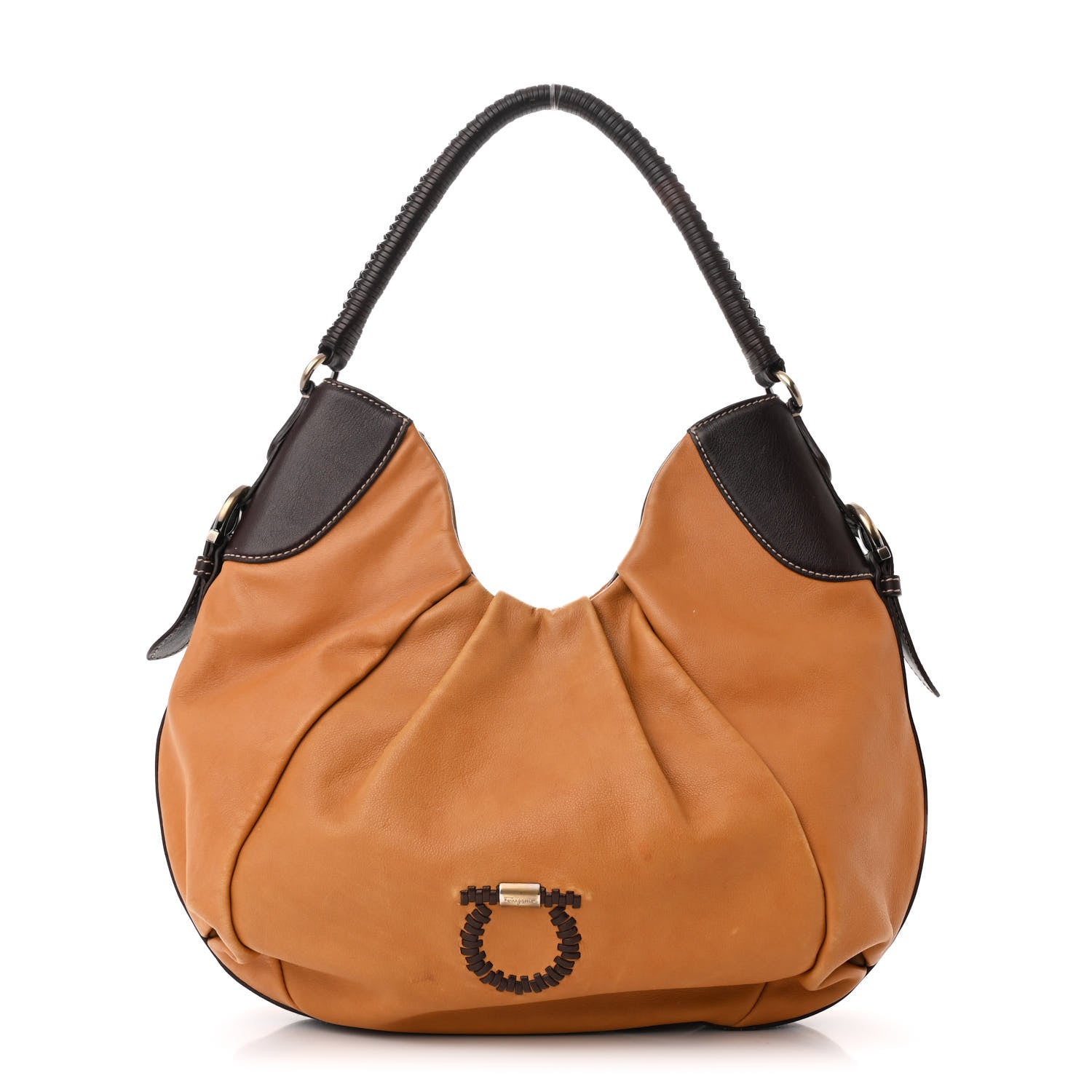 Salvatore Ferragamo Calfskin Gancini Stitched Hobo Tan 1 of 11