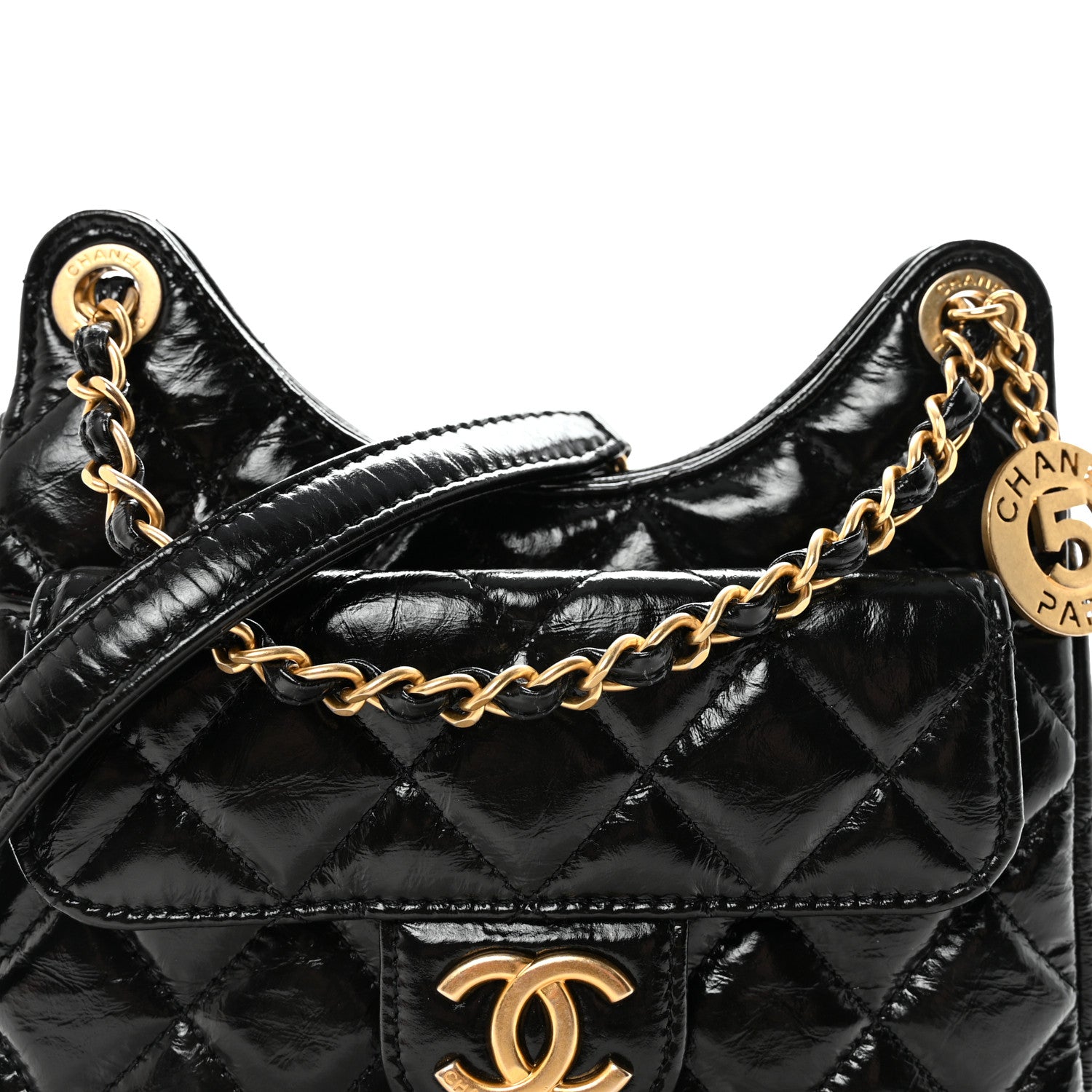 Chanel Shiny Crumpled Calfskin Quilted Small Wavy CC Hobo Black
