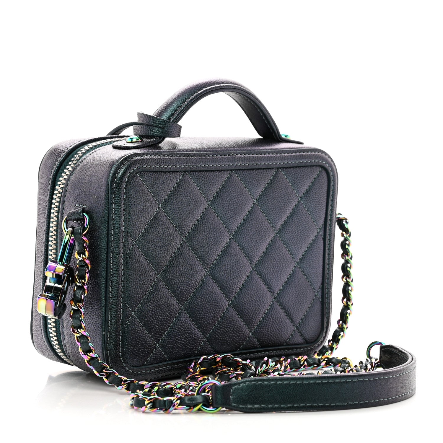 Chanel Iridescent Caviar Quilted Small CC Filigree Vanity Case Dark Turquoise 3 of 11