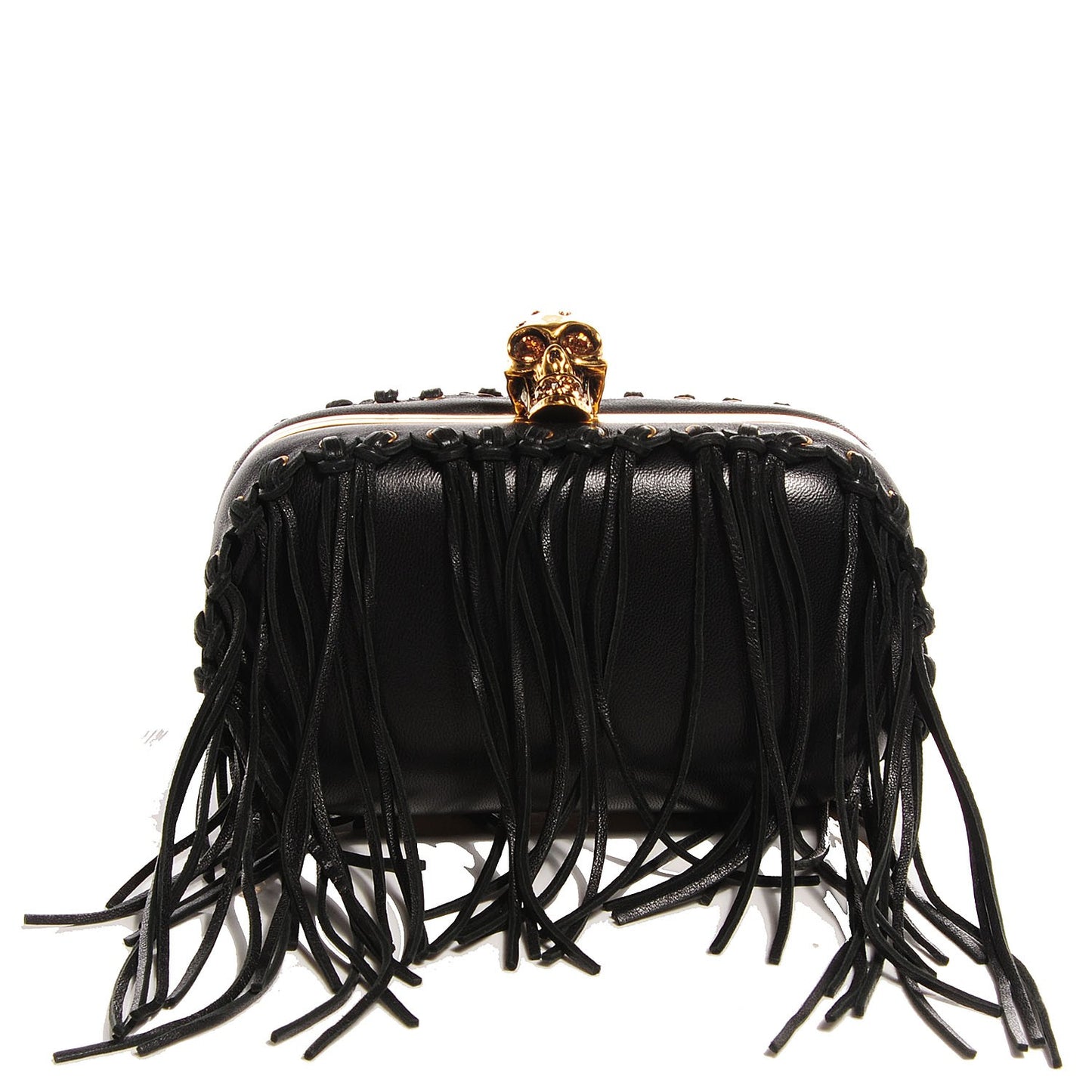 Leather Fringe Crystal Skull Box Clutch Black