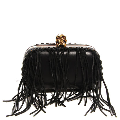 Alexander McQueen Leather Fringe Crystal Skull Box Clutch Black 1 of 10