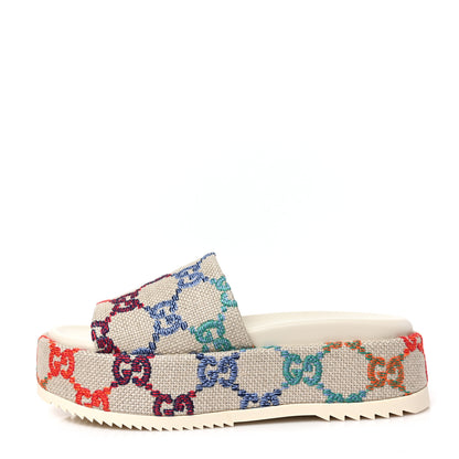 Gucci Linen Psychedelic Mini GG Monogram Angelina Platform 55mm Slide Sandals 38 Multicolor 1 of 9