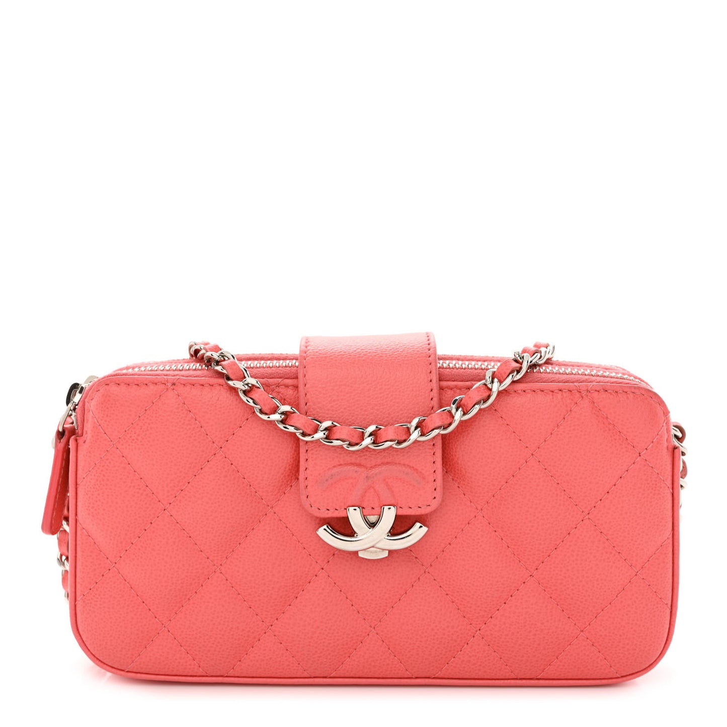 Caviar Quilted CC Box Clutch With Chain Coral